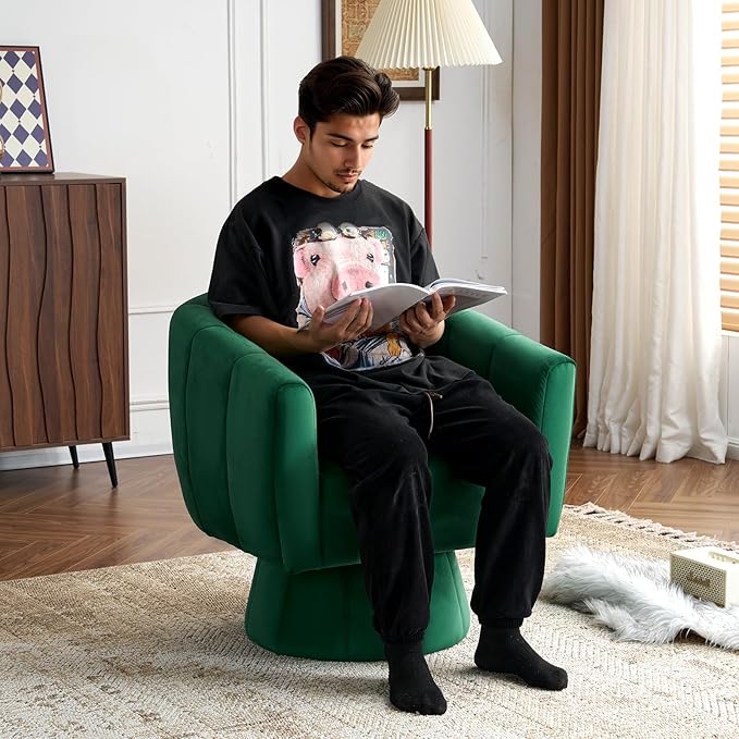 Swivel Accent Chair Set of 2 Modern 360°Swivel Barrel ChairComfy Velvet Fabric Living Room Chair with Fluffy CushionsUpholstered Armchair for Living RoomBedroomLounge (Green)