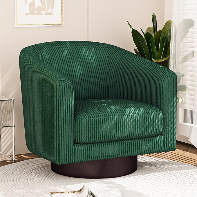 360° Swivel Accent Chairs Modern Bucket Chair Corduroy Barrel Armchair Comfy Boucle Chair Single Sofa for Living Room Bedroom. Green
