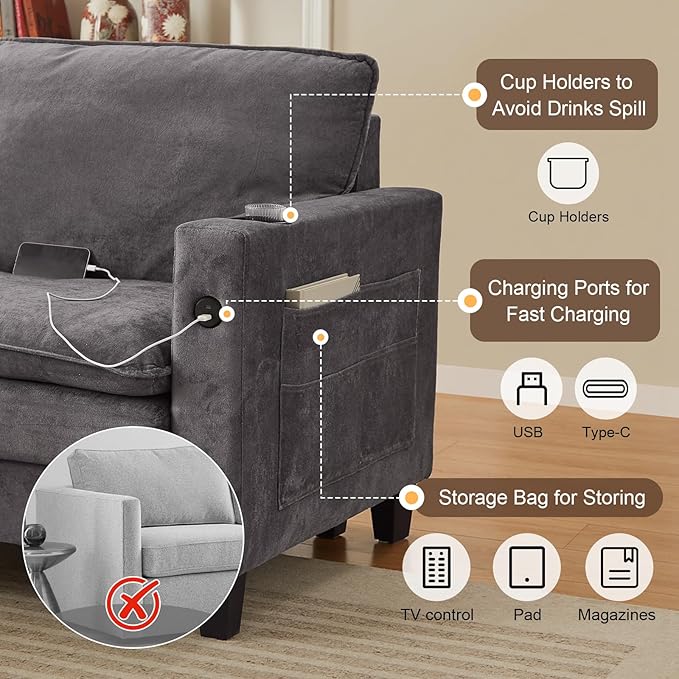 152 Modular Sectional Couches for Living Room U Shaped Cloud Couch with Ottoman Chenille Deep Seat Sofa Cloud Sectional Couch with Charging Station Cup Holder Side Pocket Grey