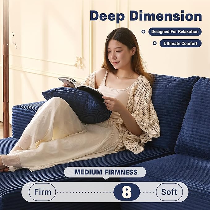 107 Boneless Couch with Deep Seat Set of Modular Sectional Sofa Cloud Sectional Couch for Living Room No Assembly Required Corduroy L-Shape Left Blue