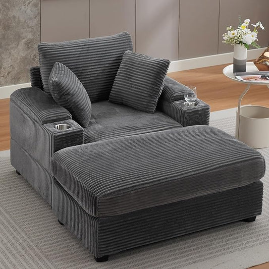 50 Oversized Chaise Lounge Chair Indoor with Ottoman and Storage Comfy Corduroy Sleeper Chair with Cup Holder Deep Seat Upholstered reading Chair Reclining Chair for Living Room Bedroom(Grey)