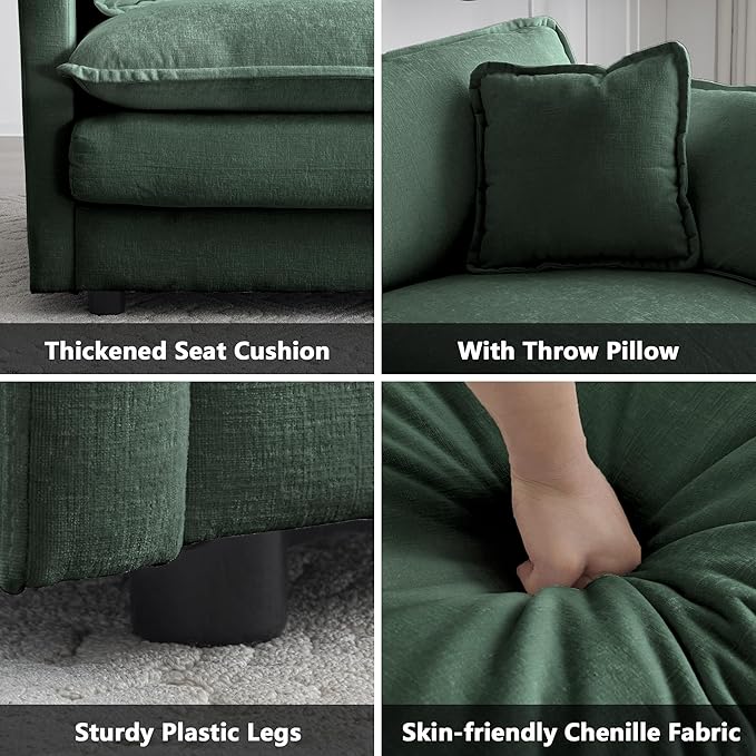 mikibama 41.4 W Single Seat Sofa Chenille Comfy Deep Upholstered Couch Armchair with Toss Pillow for Living Room Bedroom Office Apartment Evergreen