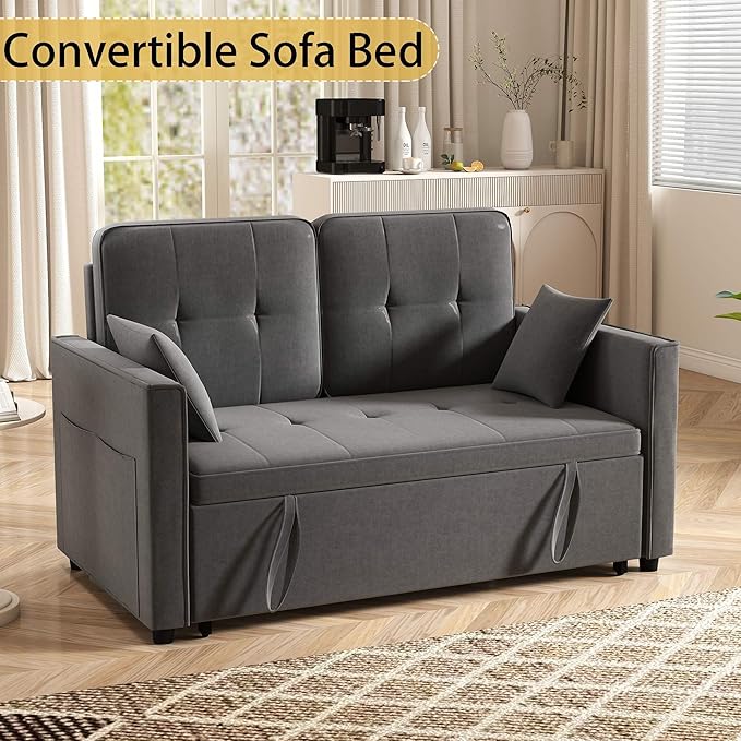 Grey Convertible Sofa Bed: 3 in 1 Sleeper Sofa Couch Bed Pull Out Couch with Adjustable Backrest Velvet Convertible Loveseat Sleeper for Living Room (Grey)
