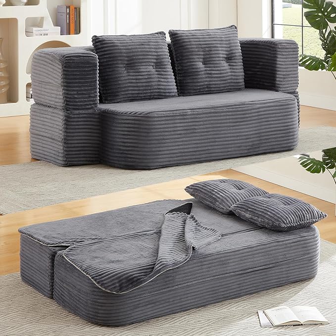 Convertible Boneless Couch 78.3” Full Size Floor Sleeper Couch Full Foam Corduroy Futon Loveseat for Living Room Bedroom No Assembly Required (Dark Grey)