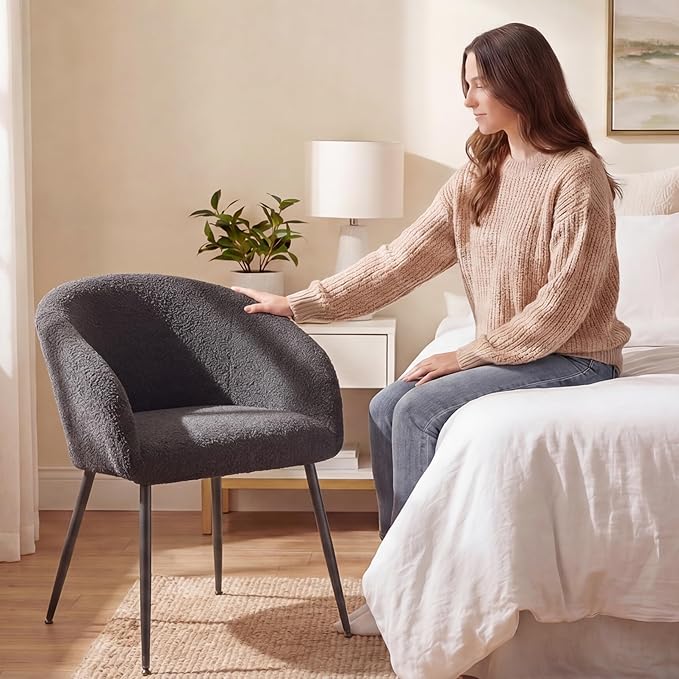 Modern Vanity Chair Living Room Chair with Metal LegsTeddy Fabric Dining Chair Comfy Accent Chair for Makeup Room Waiting Room Dressing Room Bedroom Dining Room Home Office (1PCS Black)