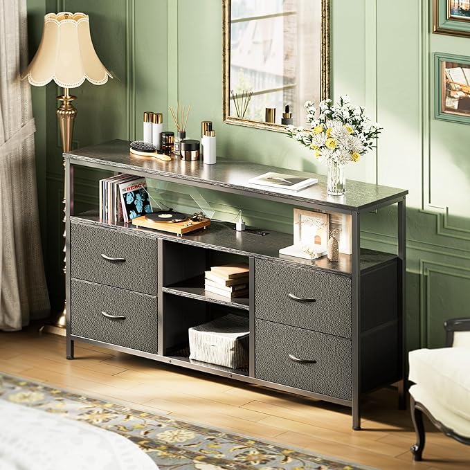 Huuger 47 Inch TV Stand Dresser with Power Outlets and LED Lights Fabric Dresser for Bedroom with Storage 4 Drawers Entertainment Center with Open Shelf Media Console for 55 50 Inch TV Black
