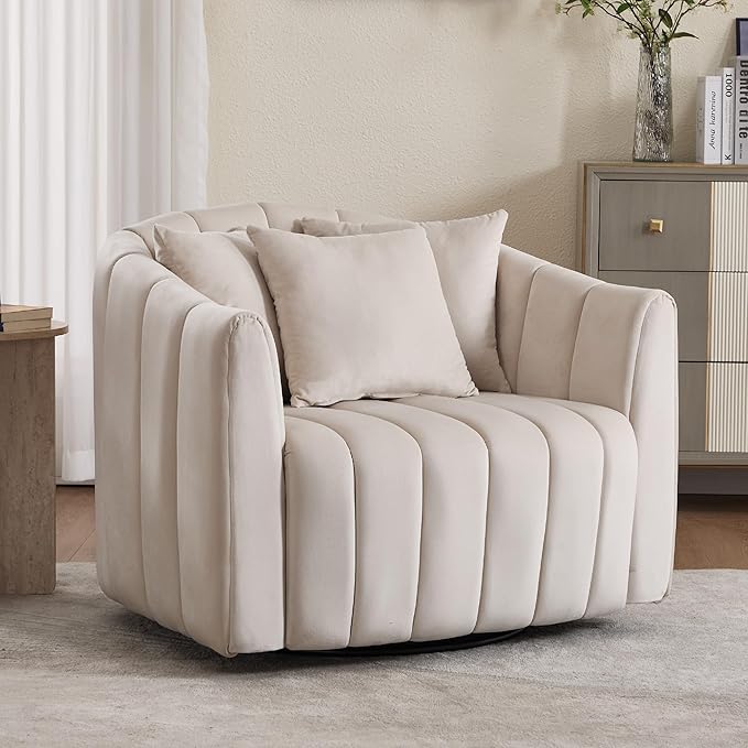 Mlmh &amp Kngwa 40.35 W Swivel Accent Chairs Oversized 360 Degree Swivel Barrel Chair with 3 Pillows Velvet Armchair for Living Room Bedroom Beige