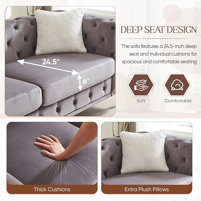 Mid Century Modern Couch and Loveseat Sofa Set Upholstered Velvet Couch with Button Tufted &amp Gold Legs Deep Seat Comfy Chesterfield Sofa for Living Room Bedroom Office(Loveseat + 3 Seater Gre