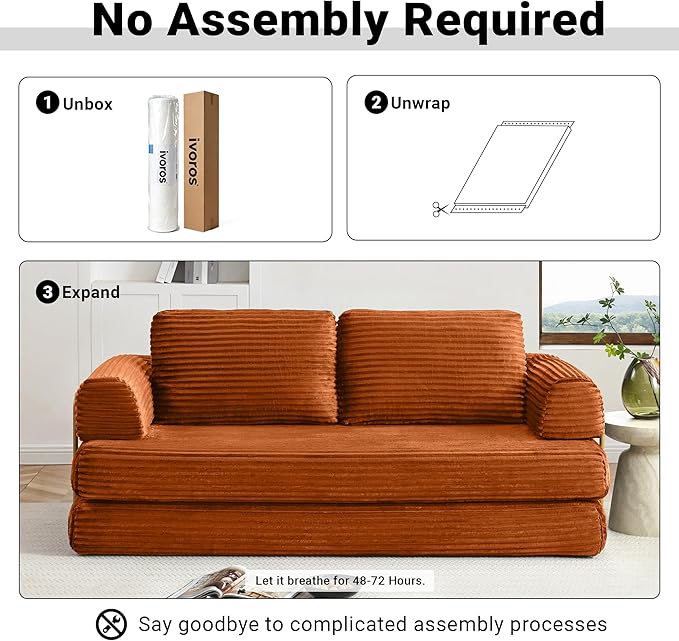 80 Convertible Sofa Bed Modern Corduroy Sleeper Sofa Folding Floor Couch with Golden Fixed-Shape Frame Orange Boneless Loveseat Sofas Bed for Living Room Bedroom No Assembly Needed
