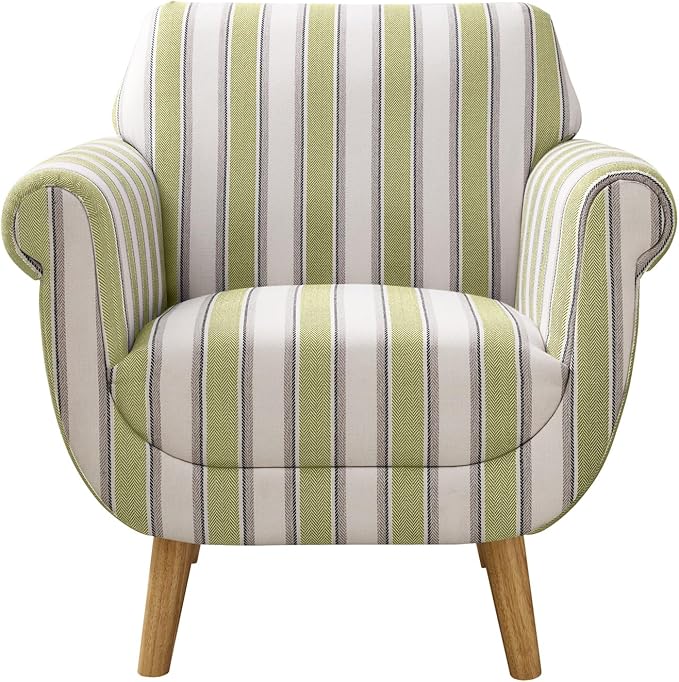 VANOMi Mid-Century Accent Chair with Stripe Pattern Modern Linen Fabric Armchair with Wood Legs Club Chair for Living Room Comfy Upholstered Side Chairs for Bedroom Reading Small Place (Green)