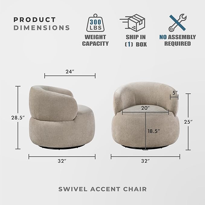 Lexicon Modern Barrel Swivel Accent Chair - Upholstered Soft Chenille Fabric with Metal Base 360 Degree Round Swivel Accent Chair for Living Room Bedroom Office No Assembly Required Light Brown