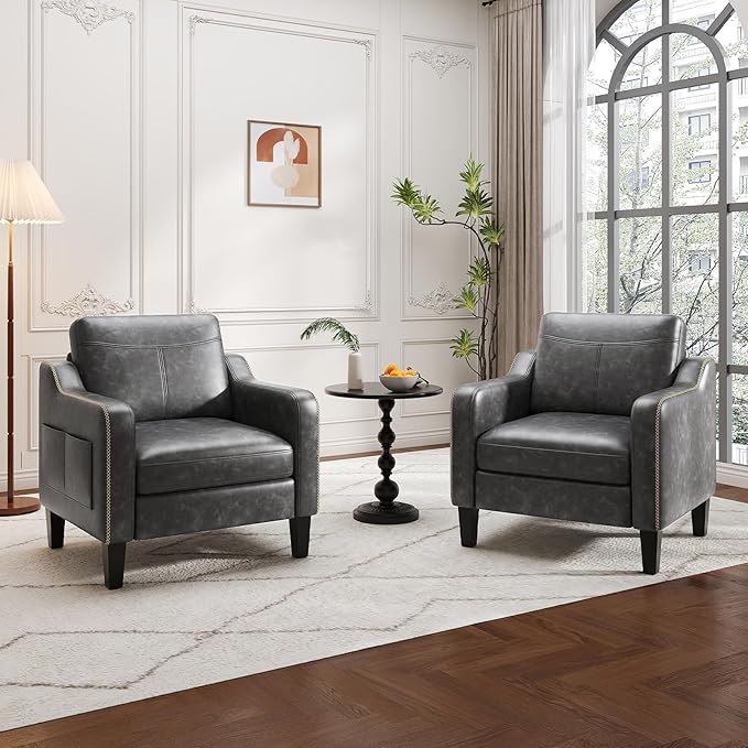 PU Leather Accent Chair Set of 2 Mid-Century Modern Living Room Armchair Sofa with Removable Cushions Solid Wood Frame &amp Stitched Armrest Design Bedroom Chair with Plastic Legs Black