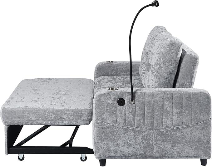 Modern Loveseat Pull-Out Sofa Bed Chenille Sleeper Sofa Couch with Adjustable Backrest 2 Cup Holders Phone Holder 3 Charging Ports and Side Storage Pockets for Living Room (Grey)