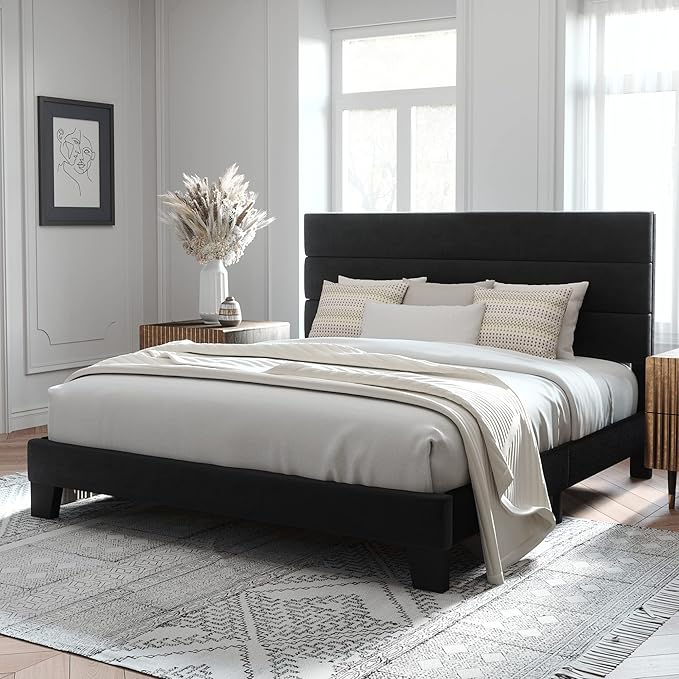 Allewie King Size Platform Bed Frame with Velvet Upholstered Headboard and Wooden Slats Support Fully Upholstered Mattress Foundation/No Box Spring Needed/Easy Assembly Black