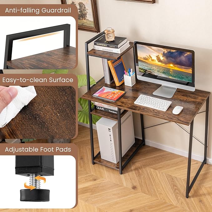 Tangkula Computer Desk with Shelves Space Saving Home Office Desk with 3-Tier Ladder Shaped Storage Bookshelf Modern Writing Study Desk with Metal Frame Compact Computer Workstation (Rustic Brown)