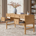 HULALA HOME 56 Home Office Desk with 5 Drawers and Hidden Compartment Drawer Mid-Century Modern Computer Desk with Solid Wood Legs Executive Desk for Work Study Writing Oak