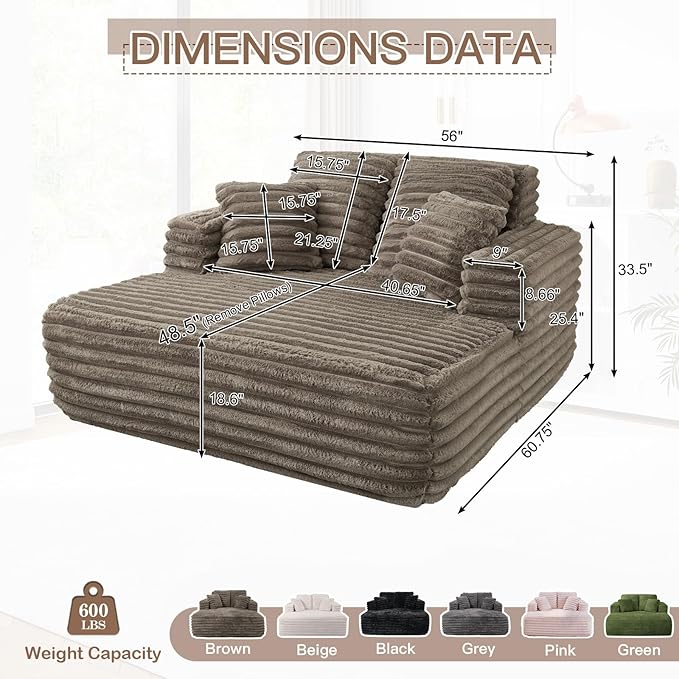 56 Oversized Chaise Lounge Chair IndoorPlush Faux Fur Sleeper Sofa Couch Bed with Pillows&ampWide ArmrestsFluffy Comfy Cloud CouchCompression Foam Couch for Living RoomBedroom(Brown)