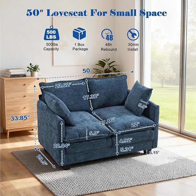 Loveseat Sofa Cloud Sofa Couch 50'' Modern Loveseats 2 Seat Couch 27 Deep Seat with 2 Pillows for Small Spaces Apartment Studio Office Bedroom Living Room 8834-BLUE