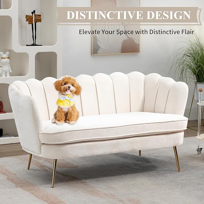 59 Wide Loveseat Sofa Chenille Upholstered Small Couch with Gold Metal Legs Modern Leisure Sofa with Petal-Shaped Design Mini Room Couch for Bedroom Apartment (Beige-Chenille)
