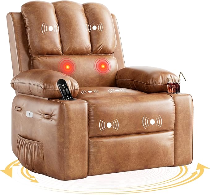 22'' Electric Recliner Chair for Adults Swivel Rocker Recliner with Massage and Heat Pu Leather Single Sofa with Cup Holder and Side Pocket for Living Room Bedroom Vintage Leather