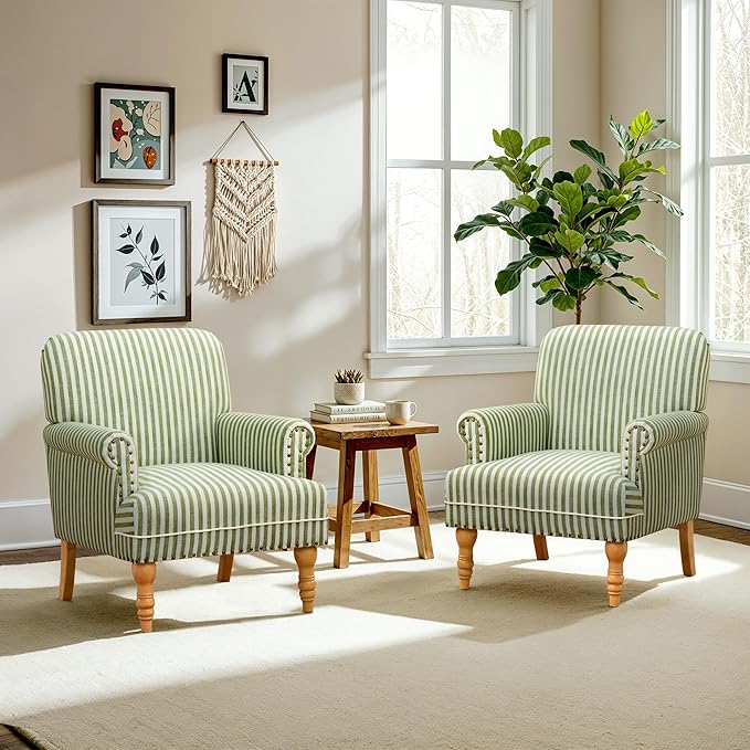 HUIMO Linen Fabric Accent Chair Mid-Century Modern Upholstered Armchair with Solid Wood Legs Comfy Reading Club Chair for Living Room Bedroom (2 Green and White Stripe)