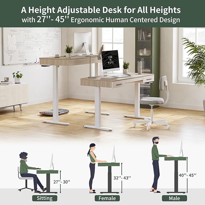 FEZIBO Mid Century Modern Electric Standing Desk with 3 Drawers 48 x 26 Inches Whole Piece Sit Stand Up Home Office Desk White Top with White Frame (2 Packages)
