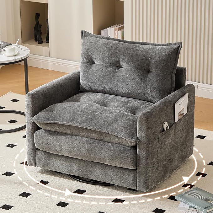Oversized 360° Swivel Accent Armchair Nursing Chair and a Half with Side Pockets and Wide armrest Solid Metal Base Comfortable Single Sofa Chair for Living RoomBedroom Reading Room (Gray)