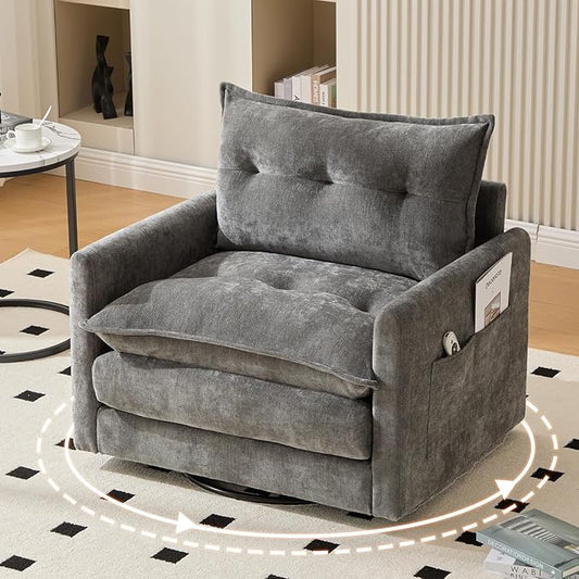 Oversized 360° Swivel Accent Armchair Nursing Chair and a Half with Side Pockets and Wide armrest Solid Metal Base Comfortable Single Sofa Chair for Living RoomBedroom Reading Room (Gray)
