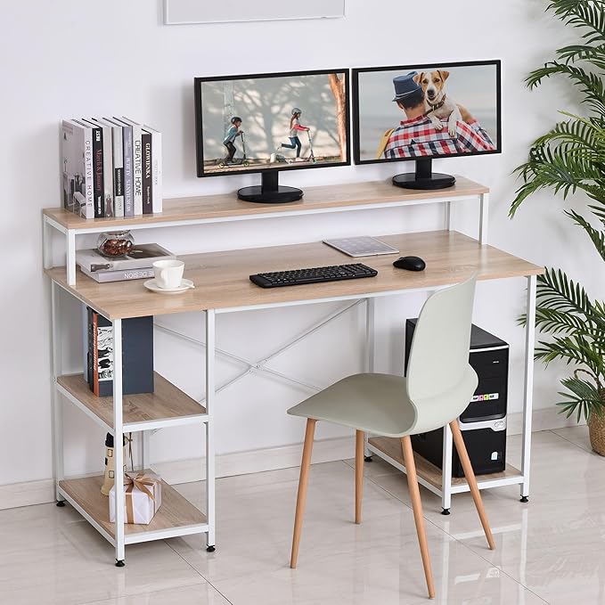 55 Inch Home Office Computer Desk Study Writing Workstation with Storage Shelves Elevated Monitor Shelf CPU Stand Durable X-Shaped Construction Oak Wood Grain