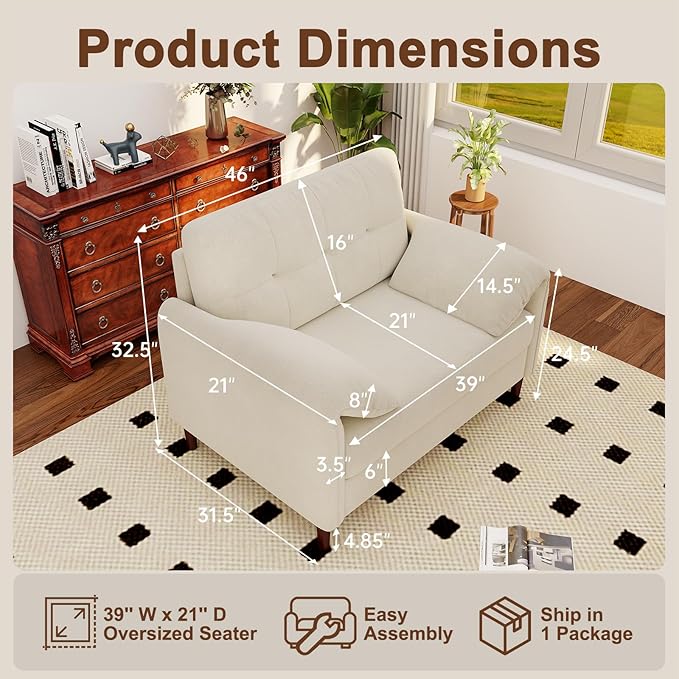 46'' W Oversized Chair Chenille Loveseat Sofa with Deep Seat Mid Century Modern Accent Chair for Living Room Upholstered Comfy Armchair for Bedroom Apartment Studio Office（1Pack Beige）