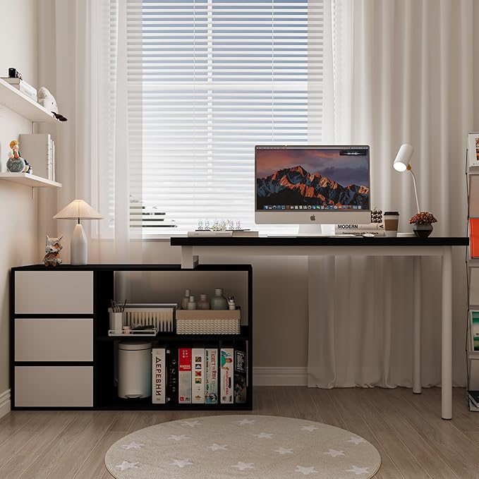 L Shaped Computer Desk 47 Inch Home Office Desk with File Drawers &amp Storage Shelves Small Corner Computer Desk for Small Space (Black + White)