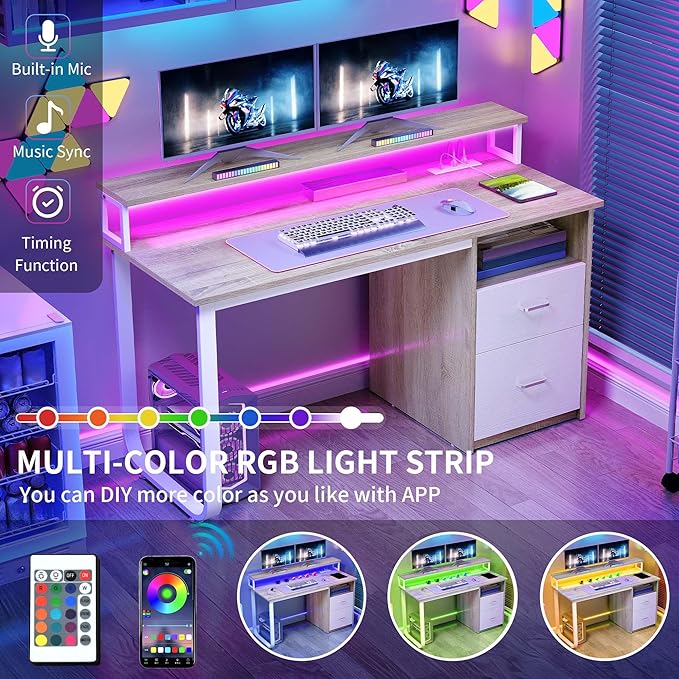 YITAHOME Computer Desk with Drawers 47.2 Office Desk with Power Outlets &amp LED Light Home Office Desk with Storage Shelves White &amp Oak