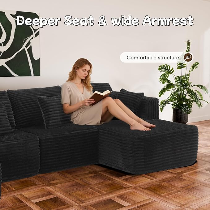 132 U Shaped Boneless Couch Cloud Sectional Modular Sofa with Double Chaise Lounge Flannel Cloud Couch with Pillows &amp Deep Seat Boneless Sofa for Living Room Flannel Black