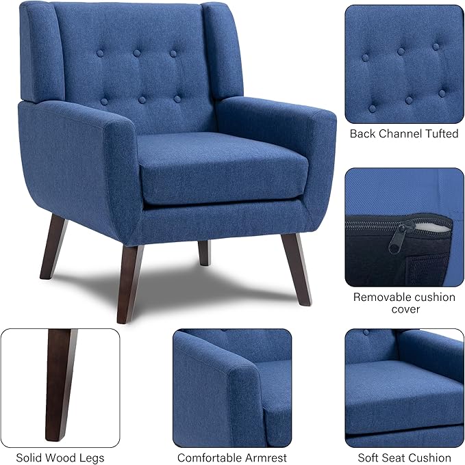 Accent Chair Set of 4 Mid Century Modern ArmchairComfy Single Sofa for Living RoomButton Tufted Armrest Reading Seat Bedroom Side Sitting for Home OfficeRecliner Chair Home Theater SeatingBule