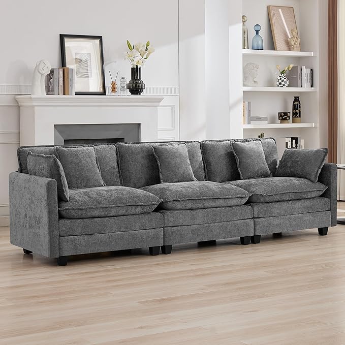 111'' Sectional Cloud Deep Seat Couch Modern Comfy Chenille Modular Sectional Sofa for Living Room Set Upholstered Modular 3-Seats Sofa Couch Grey