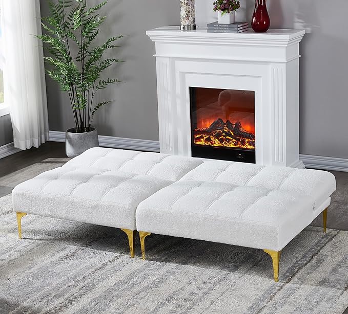 71 Sectional Sofa Bed Convertible Futon Couch with Adjustable Backrest Comfy Loveseat Sleeper with 2 Pillows Modern Armless Love Seat with Gold Metal Legs for Small Living Room Bedroom White