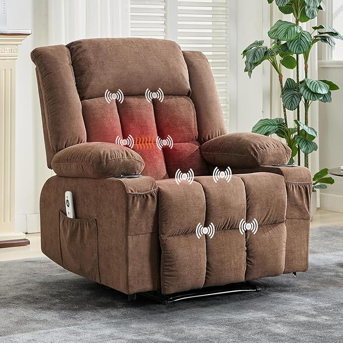 TrailBlaze Massage Heat Recliner Chair Lounge Chair with Extra Large Footrest High Back Comfortable Deep Seat Rocker Chairs for Adults Side Pockets &amp Cup Holder Living Room Single Sofa Brown