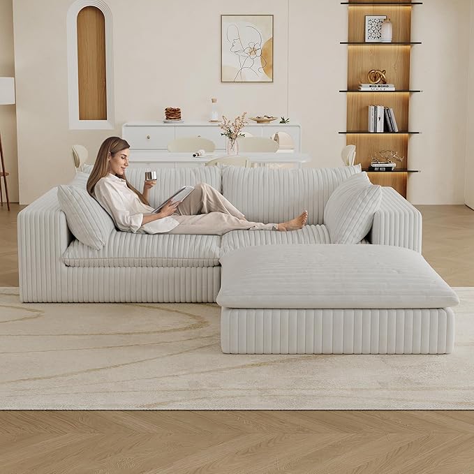 78.8 Modular Cloud Couch L Shaped Boneless Sectional Sofa with 1 Ottoman &amp 2 Deep Seat No Assembly Required Corduroy Soft Sectional Couches for Living Room Bedroom White