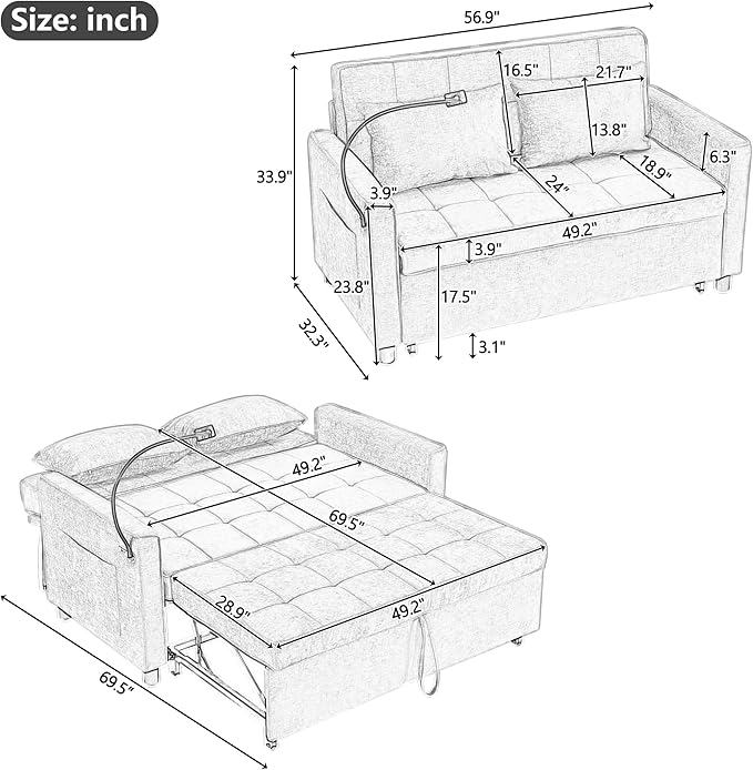 Merax Pull-Out Sleeper Sofa Bed with Reversible Backrest and Two Throw Pillows 3 in 1 Foton Couch with USB Ports &amp Phone Holder Chenille Loveseat for Living Room Blue