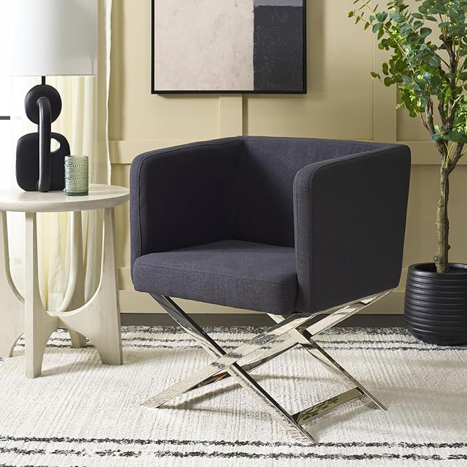 Safavieh Home Collection Celine Navy and Chrome Modern Glam Cross Leg Chair