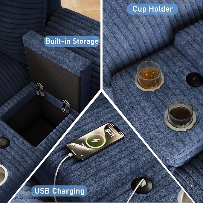 143 Oversized Modular Sectional Sofa U Shaped Cloud Couch 6 Seat Sofa Set for Living Room Comfy Corduroy Deep Seat with Storage Central Console Movable Ottomans USB Ports Cup Holders Blue