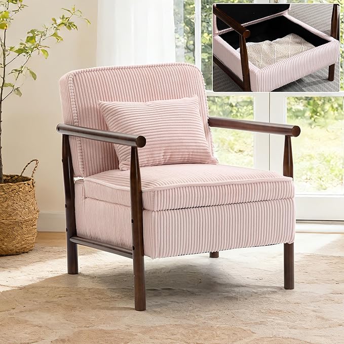 Accent Chair Comfy Modern Mid-Century Accent Chairs with Storage Corduroy Upholstered Lounge Armchair with Solid Wood Reading Side Single Sofa for Living Room/Office/Balcony/Bedroom-Pink
