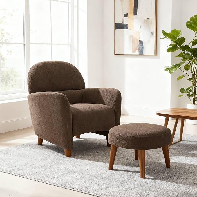 Accent Chair and Ottoman Set Modern Upholstered Barrel Chair w/Footrest Small Comfy Armchair Boucle Couch Single Sofa Chair for Living Room Lounge Bedroom Reading Corner Brown