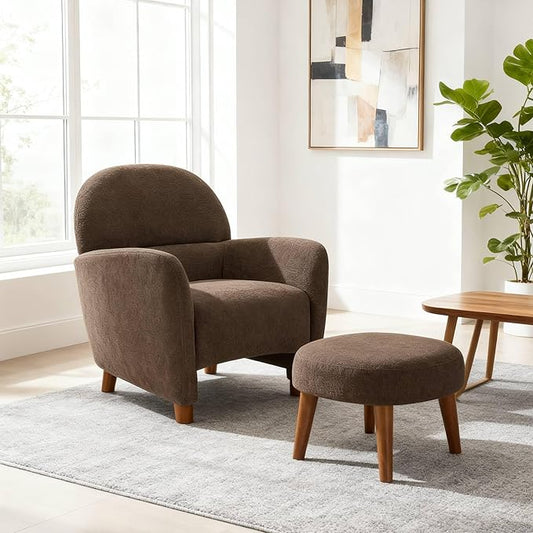 Accent Chair and Ottoman Set Modern Upholstered Barrel Chair w/Footrest Small Comfy Armchair Boucle Couch Single Sofa Chair for Living Room Lounge Bedroom Reading Corner Brown