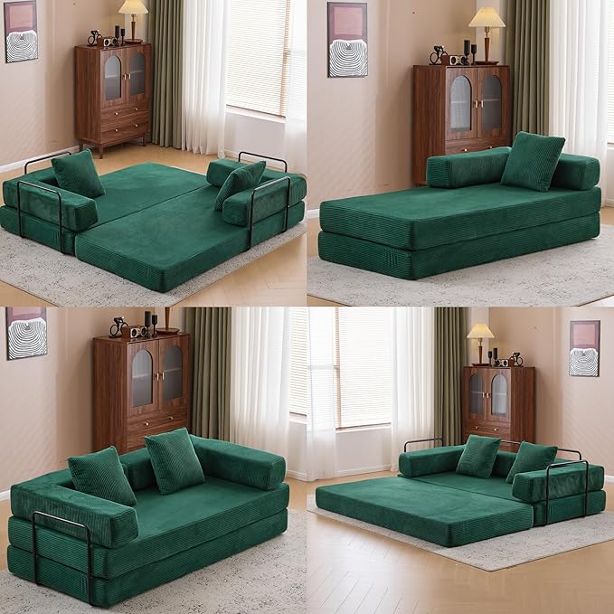 Convertible Floor Sofa Bed Fold Out Floor Couch with Pillow Back &amp Armrest Compressed Couch with Fixed-Shape Frame Corduroy Foldable Sleeper Sofa Bed for Living Room Bedroom Dark Green