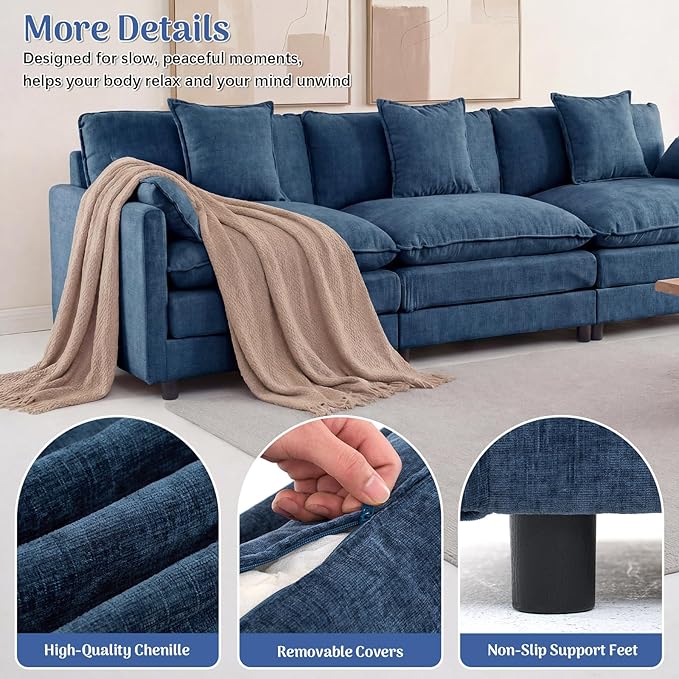Redlife 108” L-Shaped 3-Seat Modular Sectional Sofa with Ottoman Chenille Upholstered Couch with Spring-Embedded 30D Foam Cushions Removable Covers Easy Assembly Corner Sofa for Living Room Blue