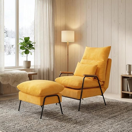 MCombo Accent Recliner Chair with Ottoman Modern Linen Fabric Armchair Upholstered Sofa Bed for Living Room Bedroom Small Space 4055 (Yellow)