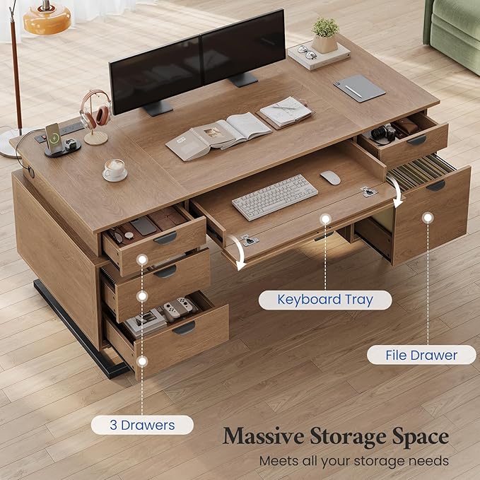63 Executive Desk with Charging Station Large Home Office Desks with 6 Drawers and 2 Storage Cabinets File Drawer Keyboard Tray Privacy Panel Desk Grommet U-Shaped Metal Legs for Work and Study