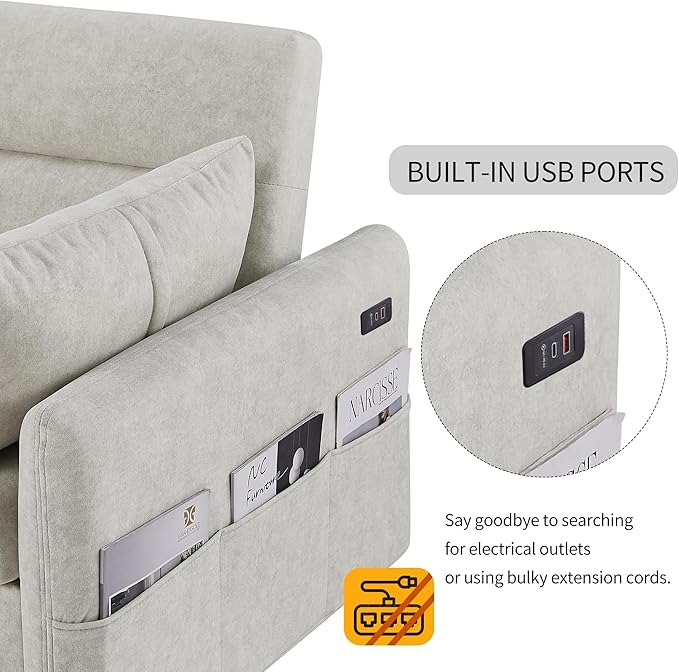 Merax 55.1 W Convertible Sofa Bed with Adjustable Backrest2 PillowsUSB Ports and 6 Storage Side PocketsPull-Out Sleeper Sofabed Microfiber Loveseat Couch for Living Room Bedroom ApartmentBeige