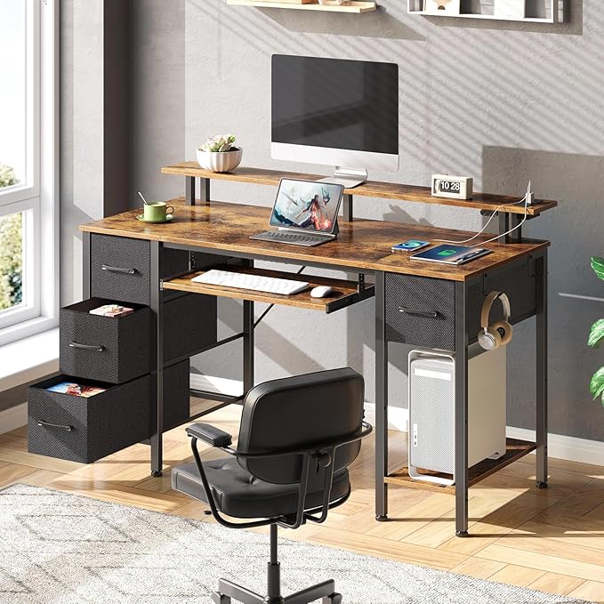 Seventable Computer Desk 47.2 with LED Lights &amp Power Outlets Home Office Desk with 4 Drawers Writing Desk with Keyboard Tray Study Table with Monitor Stand Work Desk for Home Rustic Brown